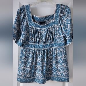 BCBGMAXAZRIA Womens M Blue Ivory Square Neck Peasant Top Blouse Boho Babydoll